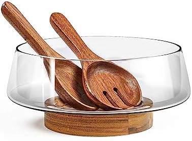 Extra Large Glass Salad Bowl Set - Party Salad Bowls with Acacia Wood Base and Serving Utensils - Elegant and Practical Kitchen Must-Have