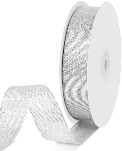 1" X 50 Yards Silver Glitter Ribbon, Sparkly Metallic Fabric Ribbon for Crafts, Gift Wrapping, Wedding, Christmas Decoration