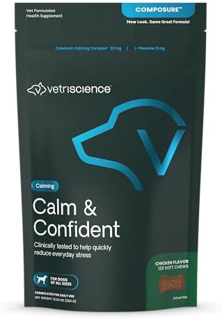 VetriScience Calm & Confident Chews, Composure Clinically Tested Calming & Anxiety Supplement for Dogs, Reduce Stress & Fear, Ideal for Thunderstorms, Fireworks & Travel, Chicken, 120 Count