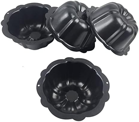 4 Inch Nonstick Mini Bundt Cake Pan, Set of 4 for Baking, Carbon Steel Fluted Cake Pans, Metal Round Pumpkin Shaped Cake Mould for Cupcake, Muffin, Brownie, Pudding - Black