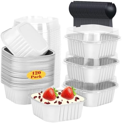 LNYZQUS 120pack/10oz Mini Cake Baking Pans with Lids, 4”X4” Small Cake Pan Foil Brownie Tins, Square Disposable Ramekins Cupcake Baking Cups Dessert Cheesecake Containers-White