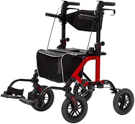 ELENKER All-Terrain 2 in 1 Rollator Walker & Transport Chair, Folding Wheelchair with 10” Non-Pneumatic Wheels for Seniors, Reversible Backrest & Detachable Footrests, Red