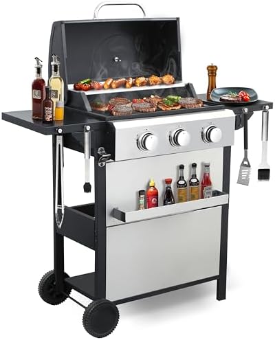 3-Burner Propane Gas Grill with 30,000 BTU Output - Enamel Cooking Grids, Easy-Clean Grease Management & Even Heat Distribution for Perfect BBQs (3-Burner)