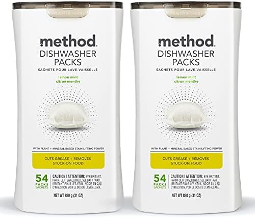 Method Dishwasher Detergent Packs, Lemon Mint, Dishwashing Rinse Aid to Lift Tough Grease and Stains, 54 Dishwasher Tabs per Package, (Pack of 2)