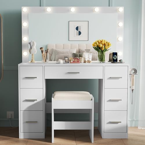WLIVE White Vanity Desk with Large Mirror and Lights, Makeup Table w/7 Drawers & Power Outlets, Modern Vanity Table Set with Chair, Dressing Table for Bedroom Dressing Room Girl