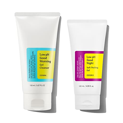 COSRX Morning Skincare Routine- Low pH Good Morning Gel Cleanser + Low pH Good Night Soft Peeling Gel, Cleanse and Exfoliate Sensitive Skin, PHA, Korean Skin Care