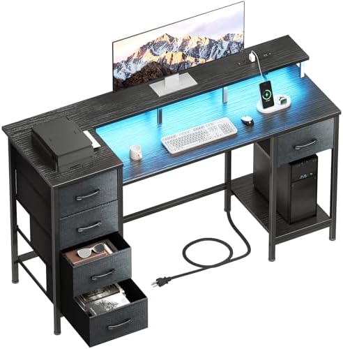 47 Inch Computer Gaming Desk with Power Outlets & LED Lights Reversible Home Office Desk with Adjustable 5 Fabric Storage Drawers for Working Writing Study, Black
