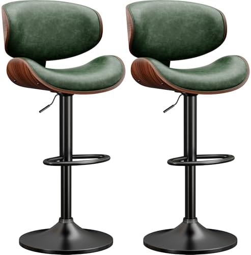 Bar Stools Modern PU Leather Adjustable Swivel Barstools, Kitchen Counter Bar Stool Island Barstool with Back Set of 2, Green