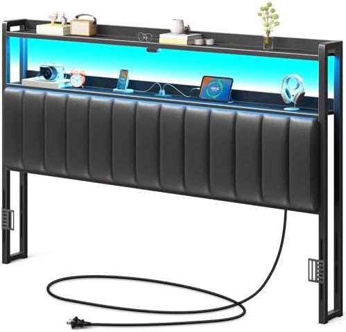 Rolanstar Headboard for King Size Bed with Storage, 60,000 DIY Color of LED Light, Head Board with USB & Type C Port, Height Adjustable, Black Upholstered Cabeceras de Cama Comfortable Modern, Leather