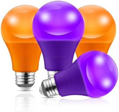 Orange and Purple LED Light Bulbs, 9W (60w Equivalent), A19, Purple Halloween Light Bulbs for Pathway, Porch, Home Lighting, Christmas Decor, E26 Base, 4 Pack, GZ05A1P405