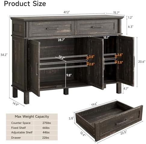 48 Inches Buffet Cabinet with Storage, Farmhouse Sideboard Buffet w/2 Drawers and 3 Doors, Wood Coffee Bar Cabinet with Adjustable Shelves, Sideboard Storage for Kitchen, Living Room, Rustic Brown