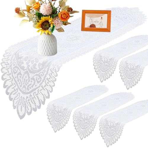 6 Pack Crochet Lace Table Runner Lace Doilies for Furniture Tables Cotton Rustic Dresser Scarf Doilies for Wedding Party Home Dining Runner Decorations(White,13" X 45")