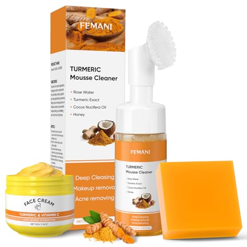 Turmeric Soap Bar and Turmeric Face Cream and Turmeric Face Wash Set for Face & Body, Facial Cleanser, Soothing, Hydrating Skin Care Set for All Skin Type, Cleansing Mousse, Bring a Bubble Net