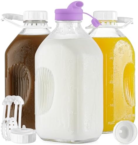 3 Pack 64 Oz Heavy Duty Glass Milk Bottle with 1 Silicone Spout, 4 Handles and 4 Reusable Airtight SCREW LIDS, 2 Qt Glass Water Bottle with 2 Exact Scale Lines - Milk & Juice Jug Pitcher