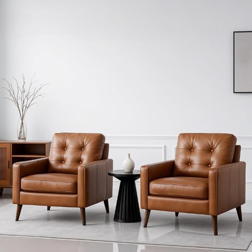 Wahson Accent Chairs Set of 2, Faux Leather Tufted Single Sofa, Brown Oversized Club Chair, Mid Century Modern Armchair with Wood Legs for Reading/Living Room/Bedroom