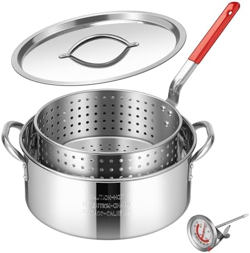 VIVOHOME 10Qt Stainless Steel Fish Fryer Pot with Thermometer and Lid, Deep Fryer with 6.7Qt Basket for Cooking Chicken Wings, Seafood, French Fries