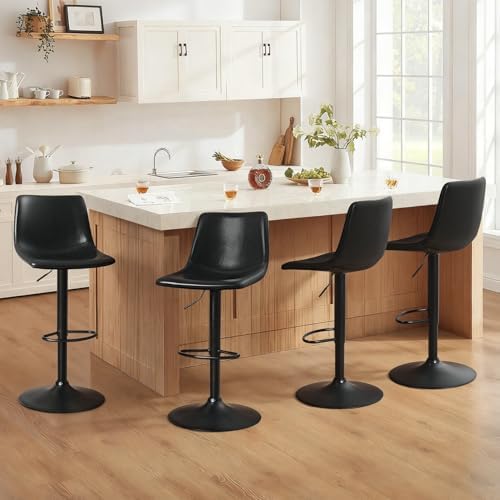 LEMBERI Bar Stools Set of 4, Modern Swivel Bar Adjustable Barstools Counter Height with Backrest, Faux Leather Upholstered Bar Chair for Kitchen Island (Black)