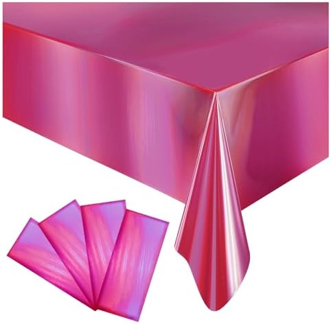 4 Pack Iridescent Plastic Tablecloths Disposable Table Cover Sparkly Foil Table Cloth for Rectangle Tables Party Decorations Birthday Princess Bridal Wedding Christmas Hot Pink, 54 x 108 Inch