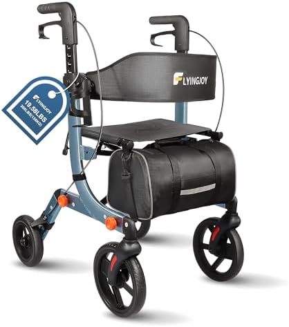 Lightweight Rollator Walker All-Terrain Foldable with seat and Adjustable Height backrest, 300 lbs Capacity, 10" Front & 8" Rear Wheels for Seniors, Adults, bariatric, Includes Cane Holders