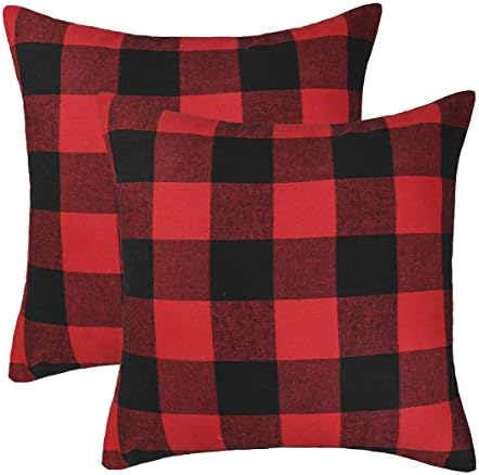4TH Emotion Set of 2 Christmas Buffalo Check Plaid Throw Pillow Covers Cushion Case Polyester for Farmhouse Home Decor Red and Black, 18 x 18 Inches