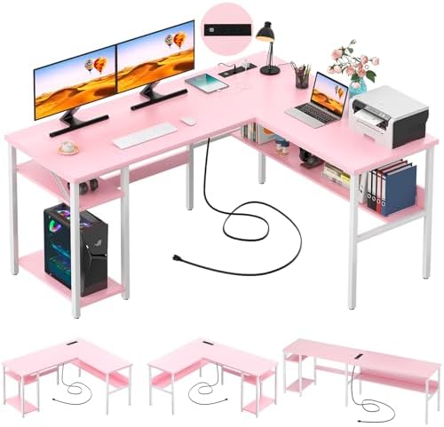 Unikito Reversible L Shaped Desk with Magic Power Outlets and USB Charging Ports, Sturdy Corner Computer Desk with Storage Shelves, Gaming Table Home Office Desk, Easy to Assemble, Pink
