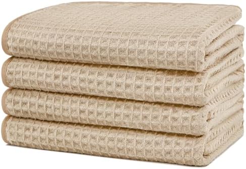 HOMEXCEL 4 Pack Premium Waffle Hand Towels, Microfiber Hand Towels for Bathroom, Ultra Soft, Highly Absorbent and Quick Dry Towel for Bathroom, Gym, Shower, Hotel, Spa and Kitchen, 15 x 25 Inch, Beige