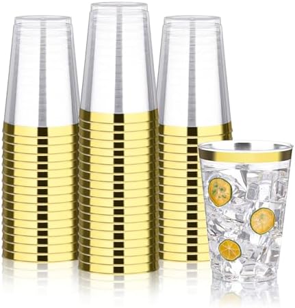 BESTVIP 12oz Gold Plastic Cups, 100 Pack Gold Rimmed Disposable Cups, Heavy-duty Party Cocktail Glasses, Plastic Cups for Party, Holiday, Christmas, Thanksgiving, Wedding and Birthday