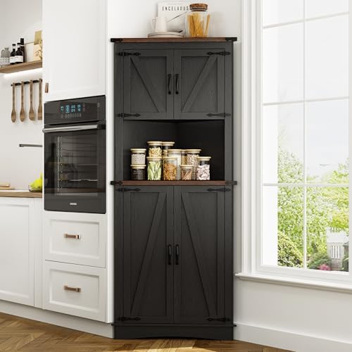 68" Tall Farmhouse Corner Cabinet, 28.3" Corner Storage Cabinet with 4 Doors and Adjustable Shelves, Tall Barn Door Cabinets with 5 Storage Shelves, for Kitchen, Bathroom, Black