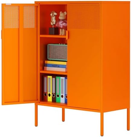 Orange 3 Tier Metal Storage Cabinet with Legs, 2 Door Metal Locker Style Accent Storage Cabinet with 2 Adjustable Shelves for Home, Office, Entryway and Hallway
