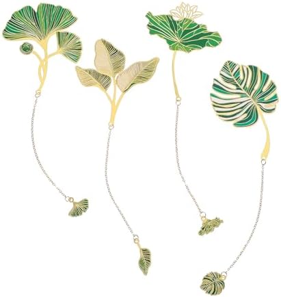 4pcs Metal Bookmarks with Chain Lotus Leaf Bookmark Birthday Gifts Teacher Christmas Gifts Unique Plant Gifts Literary Accessory Appreciation Stuffers for Women Grils Readers Writers Book Lovers