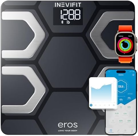 INEVIFIT EROS Bluetooth Body Fat Scale Smart BMI Highly Accurate Digital Bathroom Body Composition Analyzer with Wireless Smartphone APP 400 lbs 11.8 x 11.8 inch (Black)