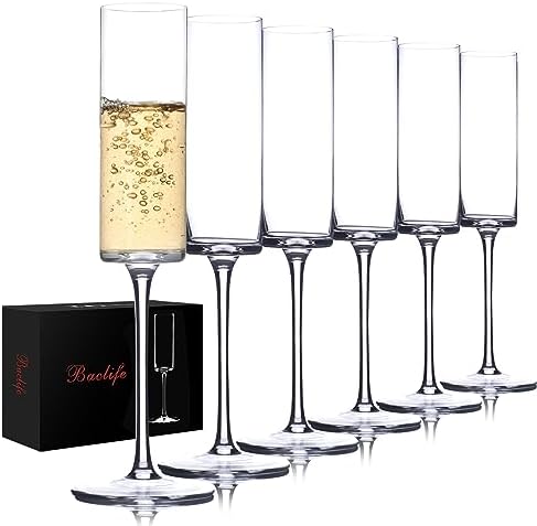 Crystal Champagne Flutes Set of 6 - Hand Blown Champagne Glasses With Long Stem - 6.5 oz Elegant Sparkling Wine Stemware - Unique Gift for Birthday,Wedding, Anniversary - Clear