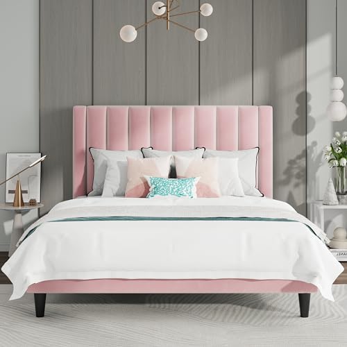 SHA CERLIN Full Bed Frame/Velvet Upholstered Platform Bed Frame with Headboard/Strong Wood Slats Support/Mattress Foundation/No Box Spring Needed - Pink