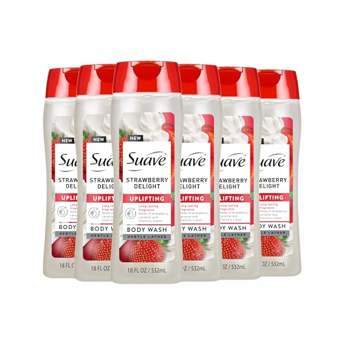 Suave Strawberry Delight Uplifting Body Wash, Formulated with Glycerin and Vitamin E for Hydrating and Gently Cleansing Skin, 18 oz, 6 Pack