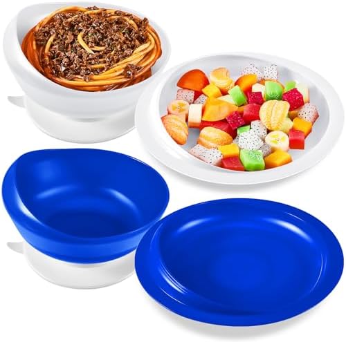 Hushee Adaptive Spill Proof Scoop Bowl and Plate Set with Suction Base Non Skid Self Feed Dinnerware for Elderly Disabled Handicapped from Parkinsons, Dementia, Stroke, Tremor(2 Sets,White and Blue)