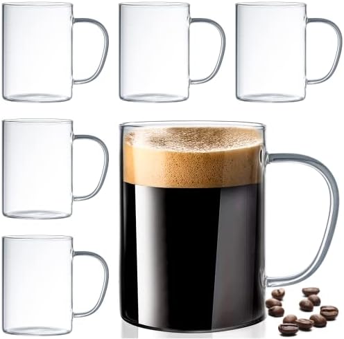 Set of 6 Ultra Durable Sleek Glass Irish Coffee Mugs with Handle, Clear Borosilicate Glass Teacups, Mugs for Cappuccino, Latte, Tea Cups, Espresso, Hot Beverage, Dishwasher & Microwave Safe