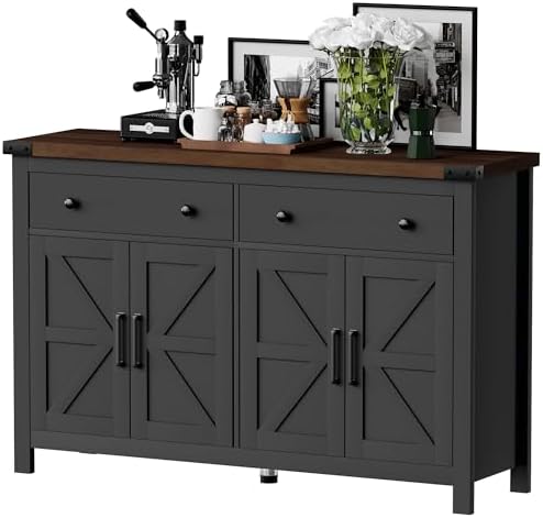 55" Sideboard Buffet Cabinet with Storage, Coffee Bar Cabinet with 2 Drawers and 4 Barn Doors, Long Storage Cabinet Modern Farmhouse, Black Wood, for Kitchen, Dining Room, Living Room