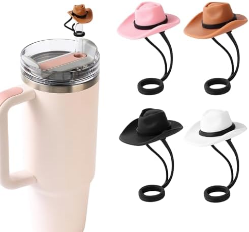 4 Pack Silicone Cowboy Hat Straw Covers Cap Compatible with Stanley Cup 30 40 oz, Cute Funny Tumbler Straw Topper Accessories for Man & Woman Christmas Gift