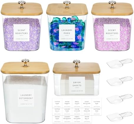 5 Pack Laundry Pod Containers and Dryer Sheet Holder for Laundry Room Organization Acrylic Jars with Lids and Labels for Laundry Detergent Laundry Pods Dry Sheet Organizing