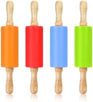 4 Pack Mini Rolling Pin for Kids, 9 Inch Wooden Handle Rolling Pin Non-Stick Silicone Rolling Pins for Children Cake Baking