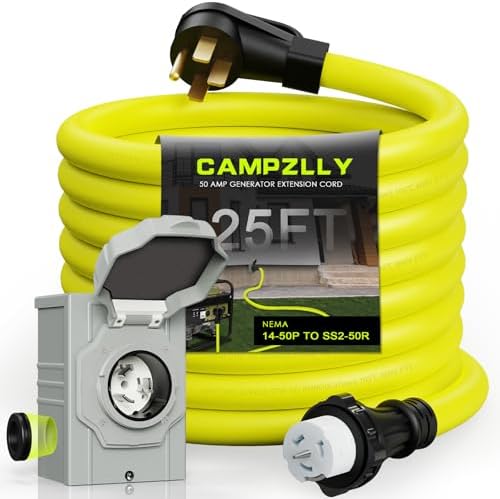 50 Amp Generator Cord 25FT and Power Inlet Box, NEMA 14-50P Male to SS2-50R 125/250V Twist Lock Connector With Pre-Drilled NEMA SS2-50P Inlet Box for House, ETL Listed