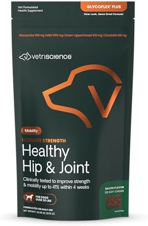 VetriScience Ultimate Strength Healthy Hip & Joint Chews, GlycoFlex Glucosamine, Chondroitin & Green-Lipped Mussel Joint Support Supplement for Dogs, Soothe Joint Discomfort, Bacon, 120 Count