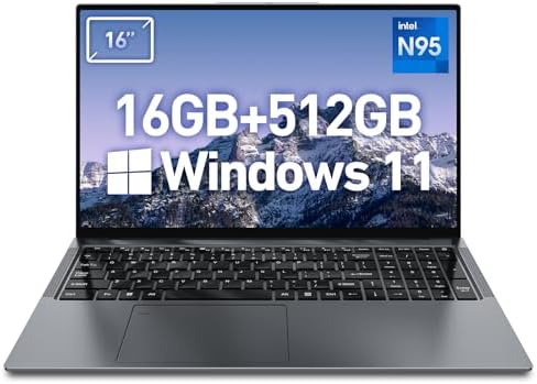 2025 Latest 16.1'' Laptop Computer Windows 11, 16GB RAM 512GB SSD, Intel 12th Gen N95 Processor(up to 3.4GHz), FHD 1080P Display Laptop with 180 Angle Opening, USB Type-C&A, HDMI, WiFi, BT 4.2, Gray