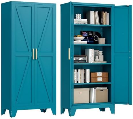 71'' Farmhouse Metal Storage Cabinet with Barn Doors,Steel File Cabinet for Home Office,Kitchen Pantry 4 Adjustable Shelves,Freestanding Cupboard for Kitchen,Home Office (Peacock Blue)