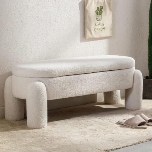 Modern Storage Bench, 44.7 Inch Upholstered Ottoman Bench Sherpa Fabric End of Bed Stool, Cute Entryway Bench for Bedroom Living Room Entryway, White