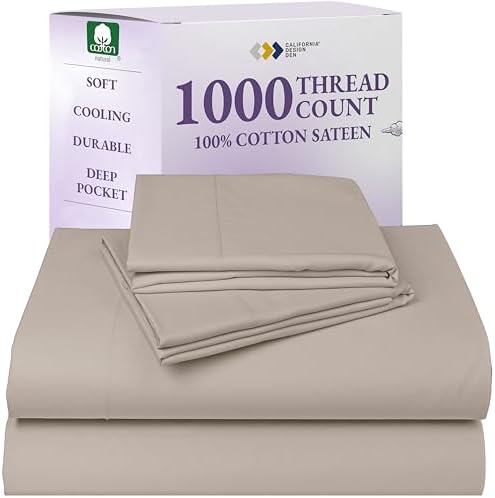 California Design Den King Sheet Set - Luxury 1000 Thread Count Sateen, Thick and Natural 100% Cotton Sheets, Deep Pockets, Durable Bedding Set - Beige (Sand Tone)
