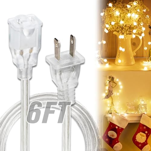 Clear Extension Cord - 6 FT Male to Female Invisible Indoor 2 Prong Power Cable, Thin for Christmas Tree Lighting, UL-Certified, 2 x 18 AWG 250V 6A