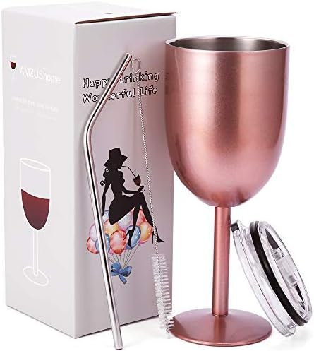 AMZUShome Stainless Steel Wine Glasses Cups.Double Walled Vacuum Insulated Wine Tumbler With Lid and Straw.Friendship,Christmas,Birthday Gifts for Women Men Friends Dad Mom(10oz Rose Gold)