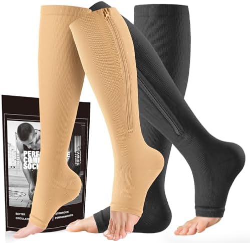 Zipper Compression Socks - 2 Pairs Open Toe Compression Stockings for Men Women 15-20mmHg,Suit for Running, Sport