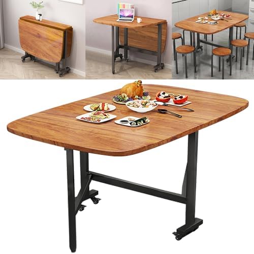 Multifunction Table Drop Leaf Dining Table - 47" Wooden Foldable Kitchen Table with 6 Wheels (Brown)